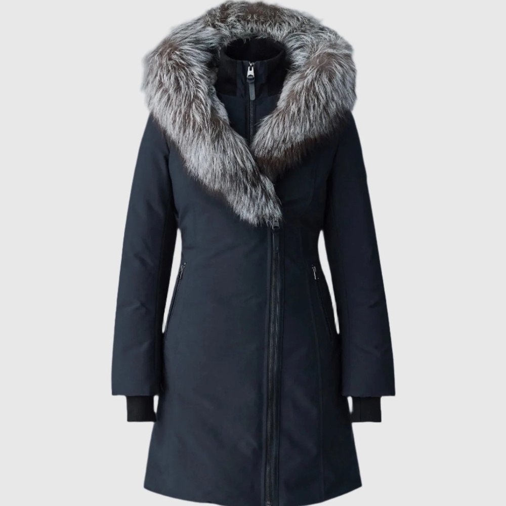 Mackage Black down coat with silver fox fur Signature Mackage Collar